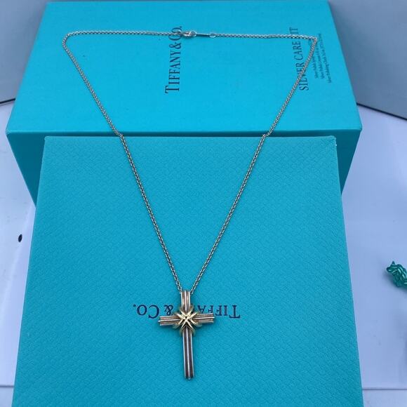 Tiffany & Co. Signature Cross Necklace – 18K Gold & Sterling Silver – 18" - Picture 4 of 8
